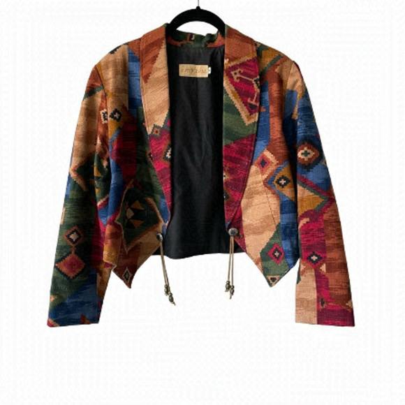 Sweetgrass Jackets & Blazers - Sweetgrass Western Print Cropped Coat Collared Brown Red Medium